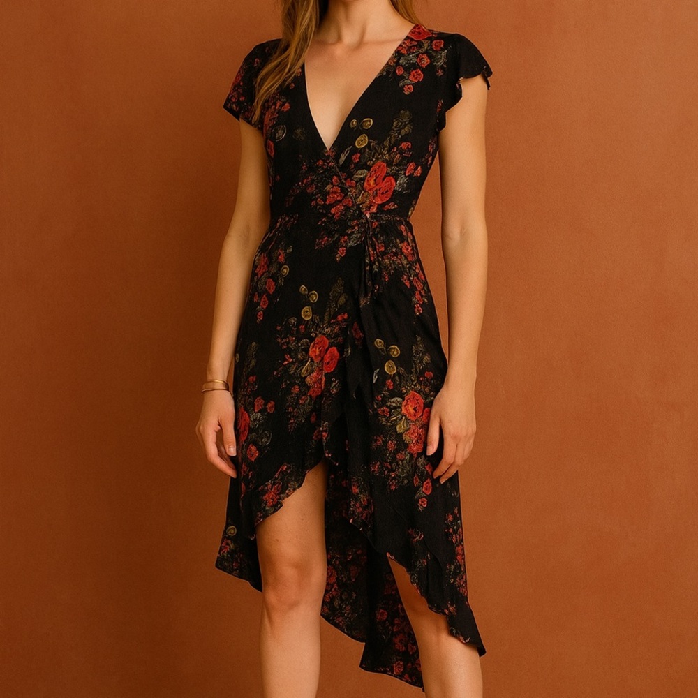 Altar’d State Black Pink Dark Floral High Low Curtain Hem Ruffle Maxi Dress Med